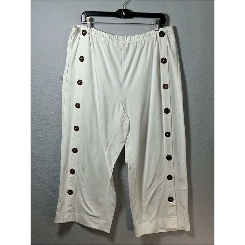 Soft Surroundings Women SRAIGH LEG White Pull-On Pants with Button Trim Size L'